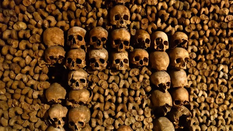 Empilement d'ossements humains dans les Catacombes de Paris
