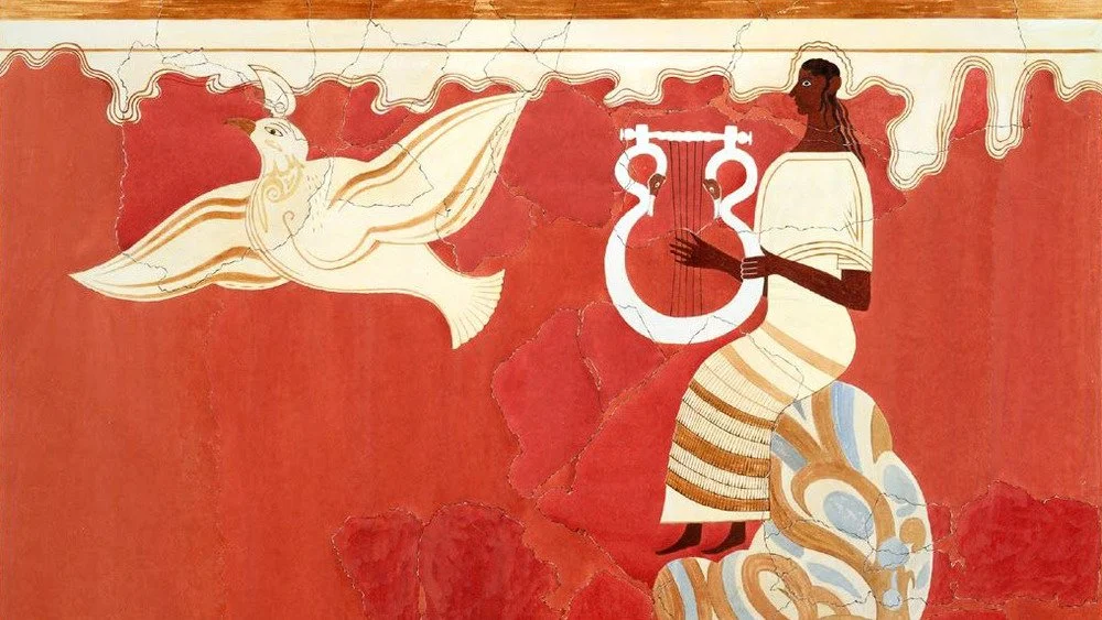 Fresque d'un joueur de lyre et d'un oiseau dans la salle du trône du palais de Nestor à Pylos