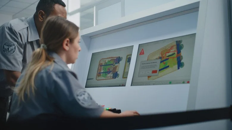 TSA employees checking luggage contents