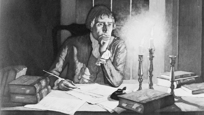 Illustration de Thomas Jefferson écrivant à la lueur d'une bougie