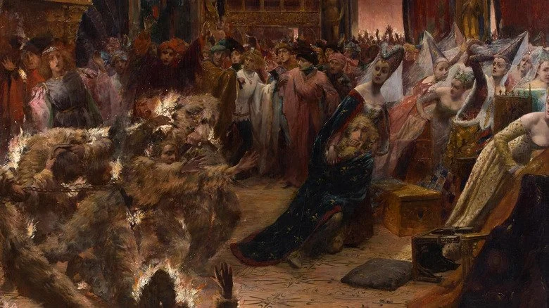 Peinture d'hommes en feu lors d'un bal royal