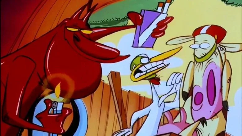 Chicken argue avec Cow pendant que le Red Guy offre des cigarettes et un briquet