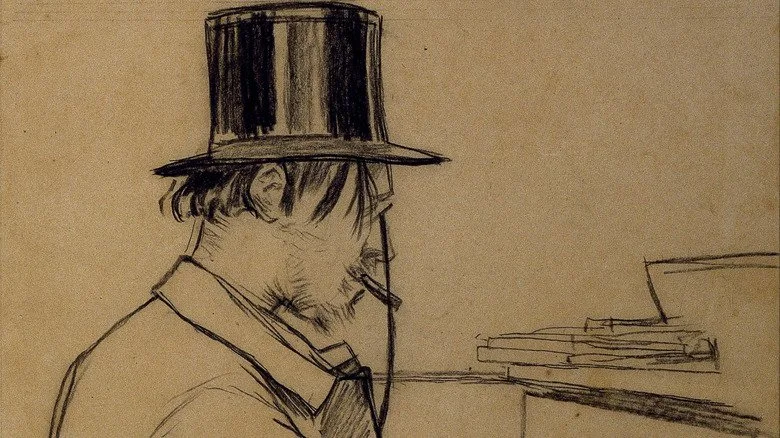 Dessin au trait d'Erik Satie jouant du piano