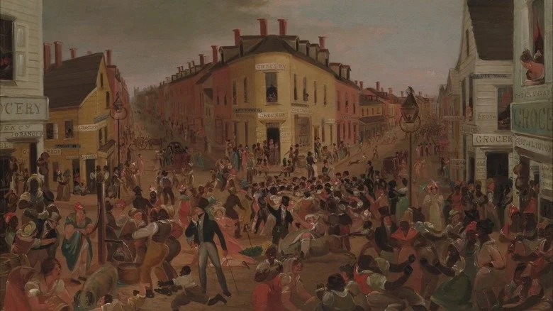 Peinture représentant une foule dans le quartier des Five Points