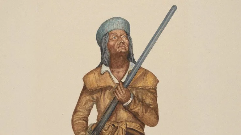 Figurehead of Davy Crockett with gun and coonskin cap