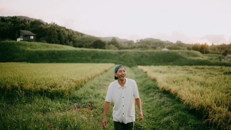 Homme japonais dans des rizières