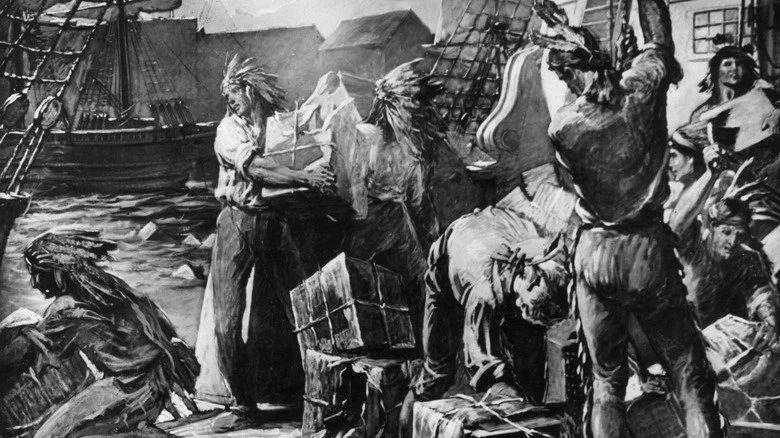 Les Fils de la Liberté jettent du thé dans le port de Boston