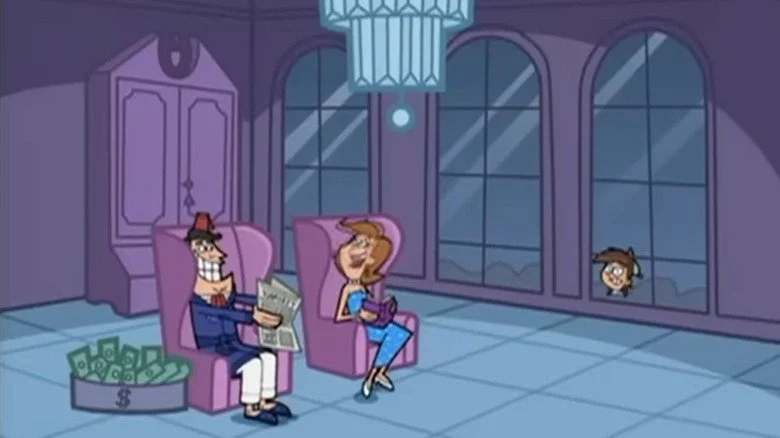Timmy regardant par la fenêtre pendant que ses parents se détendent dans leur manoir