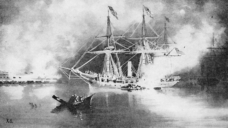 Gravure de la bataille navale sur le Mississippi près de la Nouvelle-Orléans