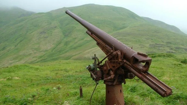 Un grand canon rouillé sur le site de l'occupation japonaise à l'île Kiska