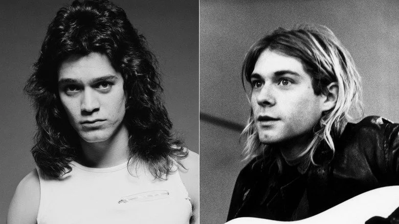 Portrait en noir et blanc d'Eddie Van Halen et Kurt Cobain