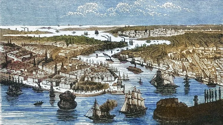 Gravure colorée de New York au XVIIIe siècle