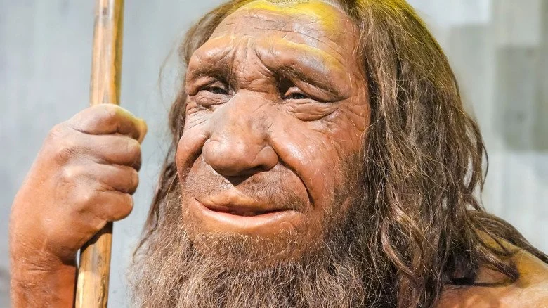 Modèle d'homme néandertalien avec une lance