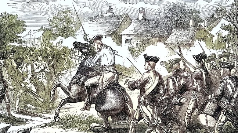 Gravure colorée du combat lors de la bataille de Lexington