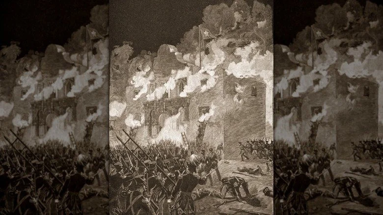 L'Alamo en flammes alors que l'armée mexicaine avance