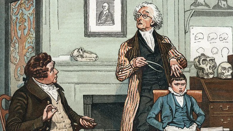 Illustration années 1820 père et fils pendant un examen de phrénologie avec un phrénologue