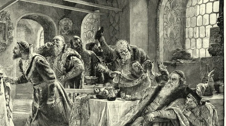 Illustration du XIXe siècle montrant des hommes russes en train de boire