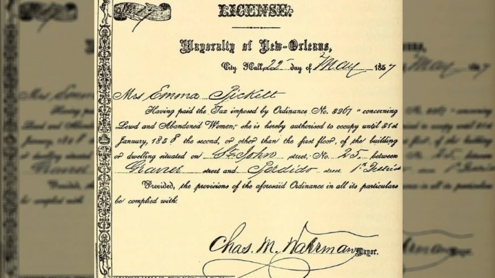 Licence de bordel de 1857 à La Nouvelle-Orléans