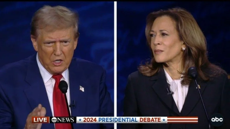 A still of Donald Trump and Kamala Harris during the 2024 ABC presidential debate