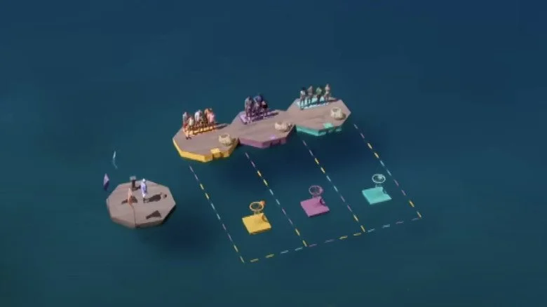 Plan aérien d'un défi sur Survivor au-dessus de l'eau