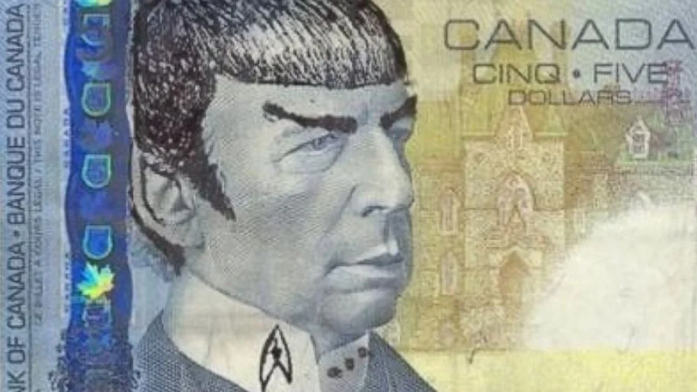 Spock dessiné sur un billet canadien de 5 $