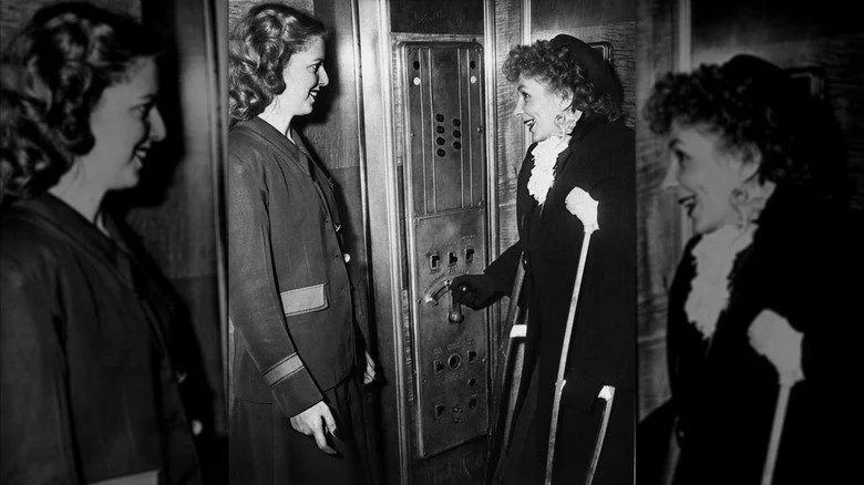 Betty Lou Oliver returns to an Empire State Building elevator on crutches