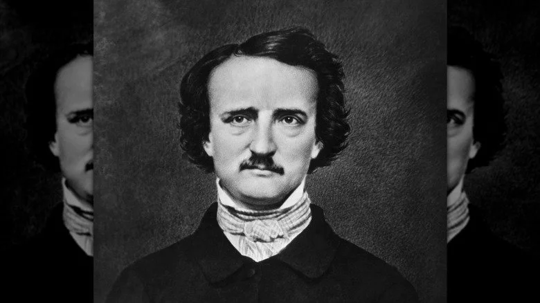 portrait d'Edgar Allan Poe moustachu en costume sombre