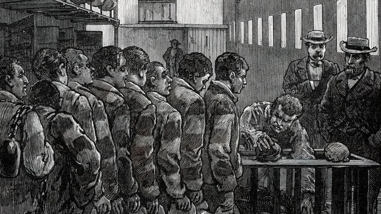 Croquis de détenus recevant leur nourriture, Blackwell's Island, New York, 1876