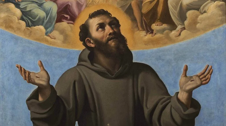 Peinture de Saint François d'Assise, paumes ouvertes et regard tourné vers le ciel