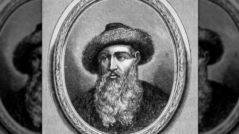 gravure de Johannes Gutenberg avec longue barbe et grand chapeau