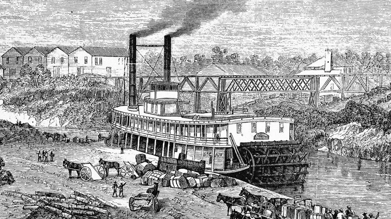 illustration du steamboat du 19e siècle déchargeant des passagers au bord d'une rivière