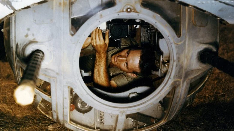 Private First Class (PFC) Harold Johnson in the lower ball turret on a Boeing B-17G