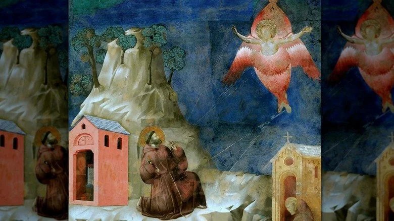 Saint François en robe, apparition d’un ange à quatre ailes près d’une montagne