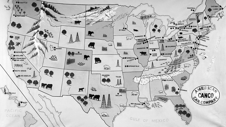 Carte des années 1930 montrant les ressources agricoles et industrielles des États-Unis