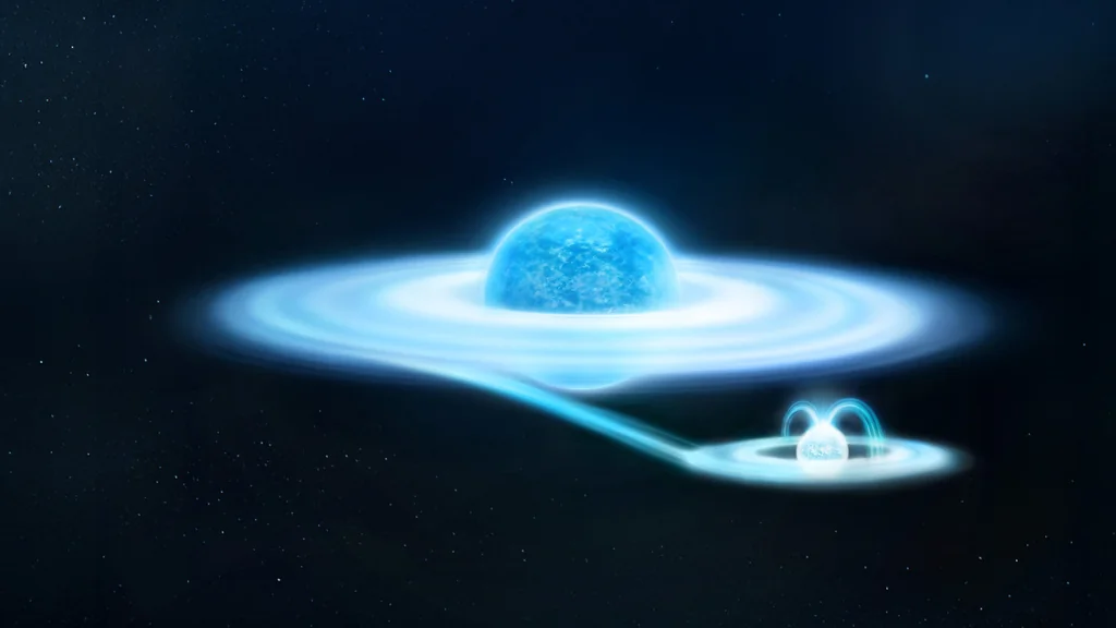 Vue d’artiste de gamma-Cas transférant de la matière vers une naine blanche invisible
