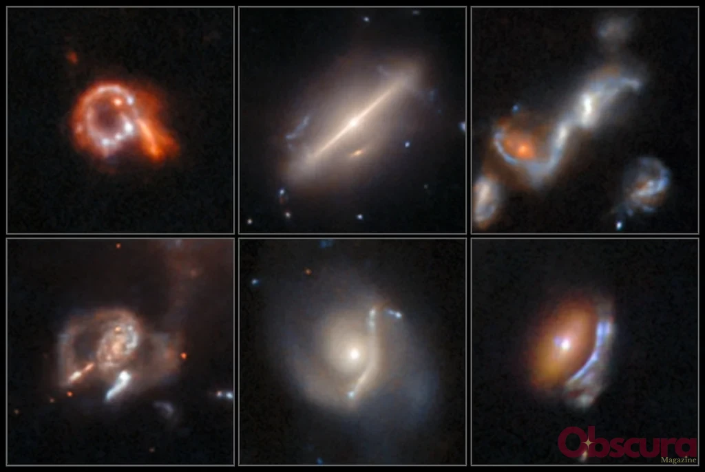 Six images de galaxies déformées issues d’Hubble pour illustrer les anomalies cosmiques repérées par une recherche assistée par intelligence artificielle.