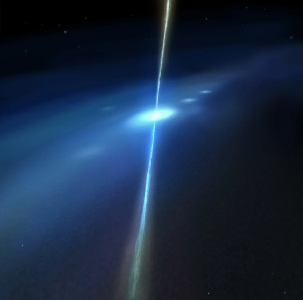 Illustration artistique du scénario proposé pour GRB 230906A, un sursaut gamma court associé à une galaxie naine presque invisible.