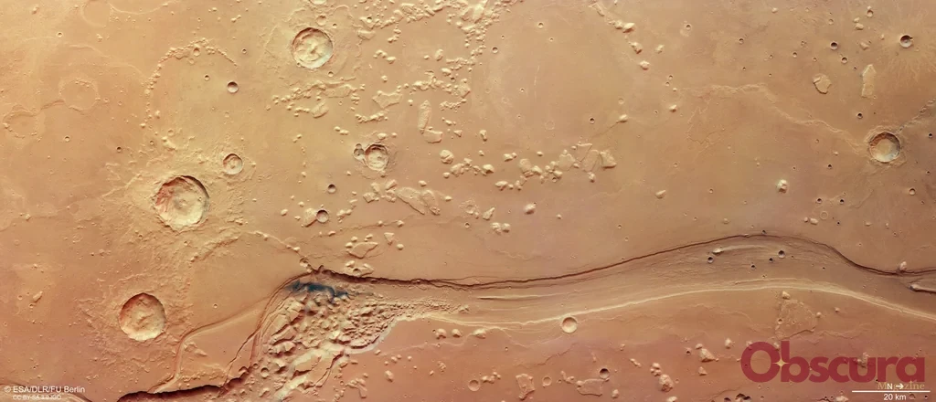 Vue de Shalbatana Vallis, grand chenal équatorial martien photographié par Mars Express