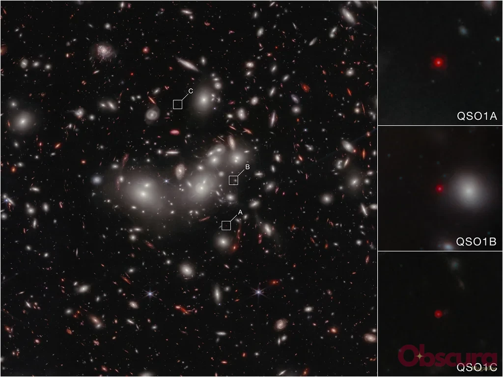 Image officielle de Webb montrant le Little Red Dot Abell2744-QSO1 démultiplié par effet de lentille gravitationnelle